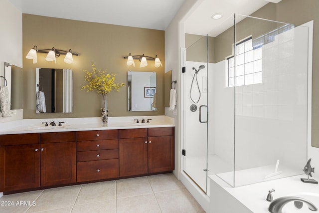 bathroom with tile patterned flooring, vanity, and a shower with door