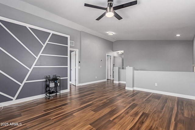 unfurnished living room featuring vaulted ceiling, a ceiling fan, wood finished floors, baseboards, and recessed lighting