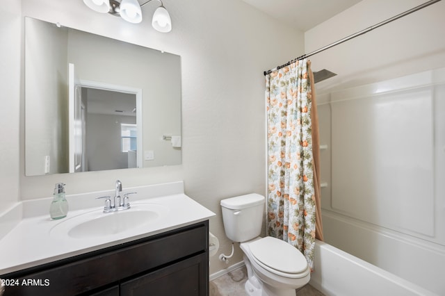 full bathroom featuring shower / bath combination with curtain, vanity, and toilet