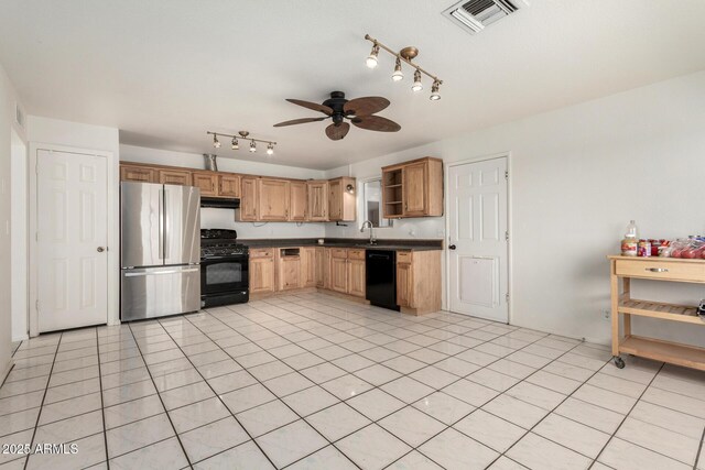 214 W June Cir, Mesa, AZ 85201 - kitchen with black appliances, open shelves, under cabinet range hood, ceiling fan, and a sink