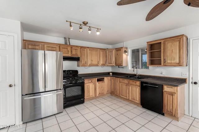 214 W June Cir, Mesa, AZ 85201 - kitchen with black appliances, a sink, under cabinet range hood, dark countertops, and open shelves