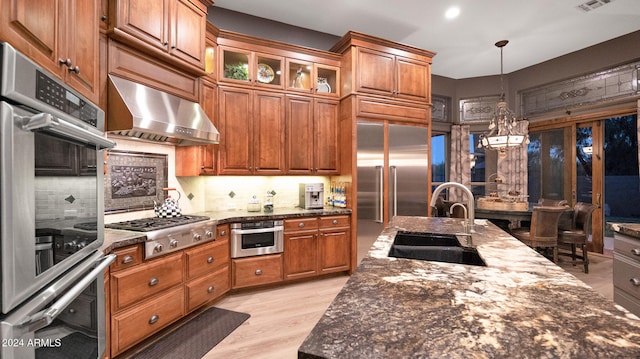 kitchen with wall chimney exhaust hood, stainless steel appliances, sink, and tasteful backsplash