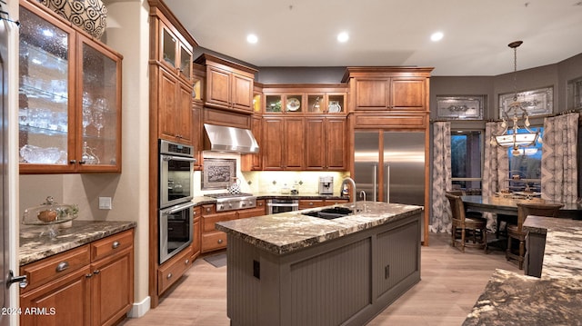 kitchen featuring sink, stainless steel appliances, an island with sink, light hardwood / wood-style floors, and exhaust hood