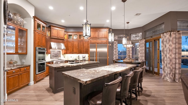 kitchen with a kitchen island with sink, ventilation hood, sink, light hardwood / wood-style flooring, and light stone countertops