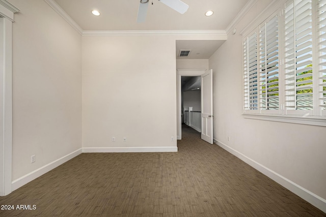 unfurnished bedroom featuring ceiling fan and ornamental molding