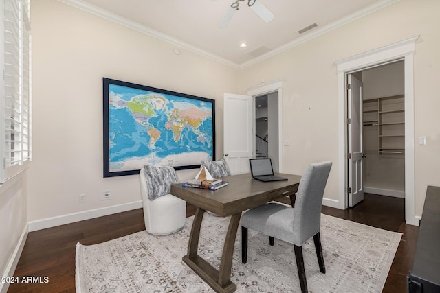 office with dark hardwood / wood-style floors, ceiling fan, and crown molding