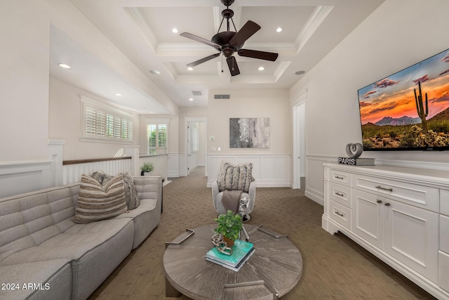 carpeted living room featuring ceiling fan, beam ceiling, crown molding, and coffered ceiling