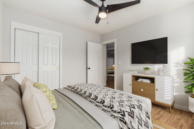 bedroom with ceiling fan, a closet, and wood-type flooring