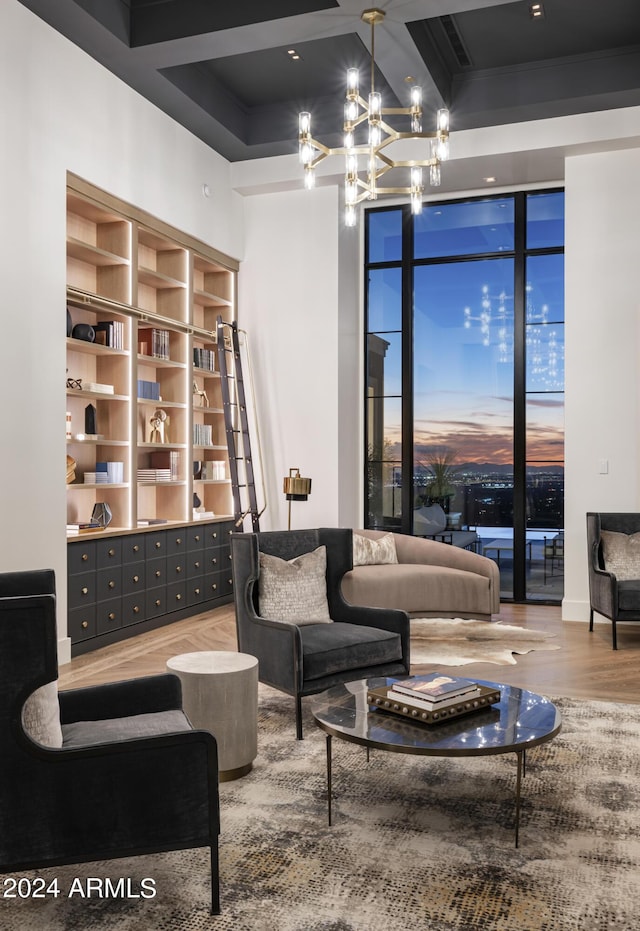 20958 N 112th St, Scottsdale, AZ 85255 - living area with a chandelier, coffered ceiling, and wood finished floors