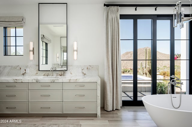 bathroom featuring hardwood / wood-style floors, a mountain view, vanity, and a washtub