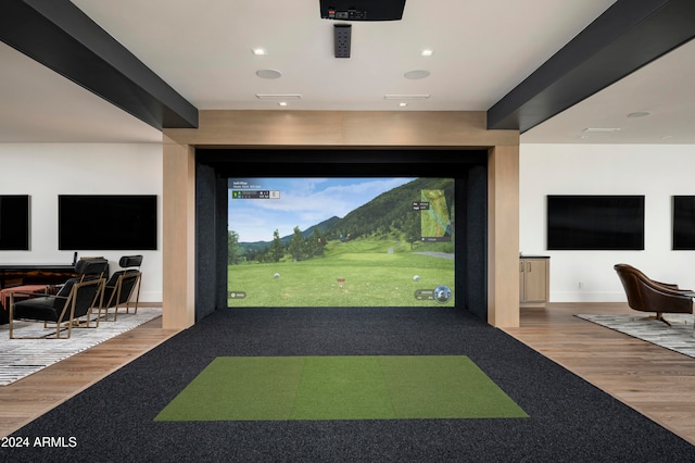 playroom with hardwood / wood-style floors and golf simulator