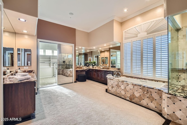 bathroom with crown molding, vanity, and a bathtub