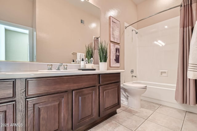 full bathroom featuring shower / tub combo with curtain, tile patterned floors, toilet, and vanity