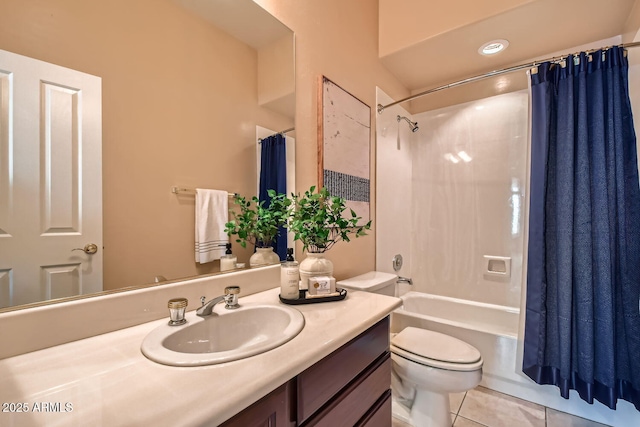 full bathroom featuring tile patterned flooring, vanity, shower / bath combination with curtain, and toilet