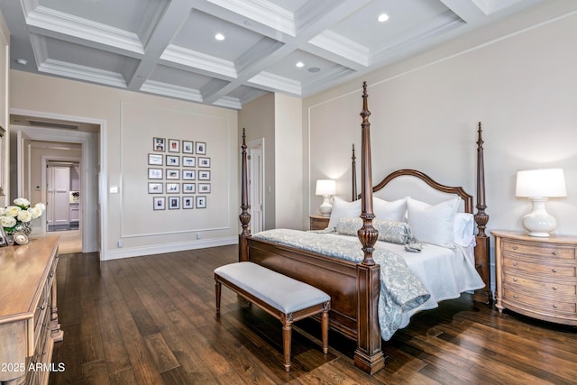 bedroom with coffered ceiling, dark hardwood / wood-style flooring, ornamental molding, and beam ceiling