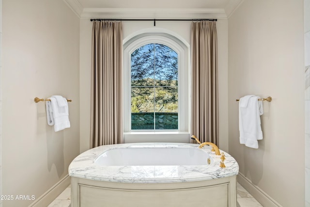 bathroom featuring a bathtub and crown molding