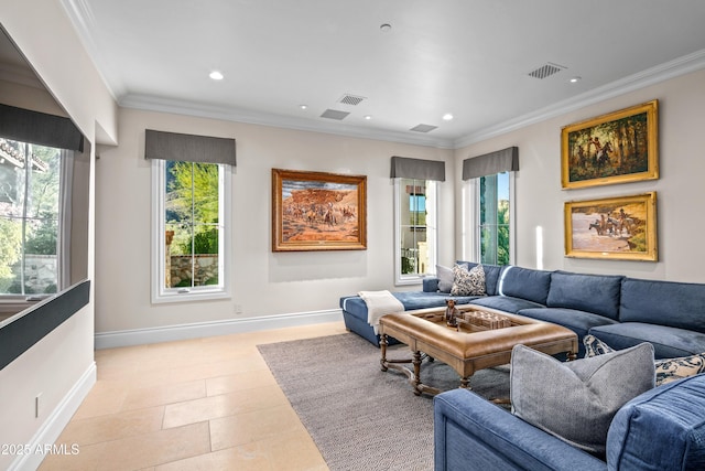 tiled living room featuring ornamental molding and a wealth of natural light