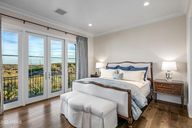 bedroom featuring access to outside, crown molding, and dark hardwood / wood-style floors