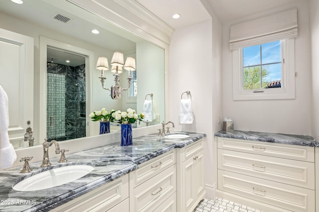 bathroom featuring vanity and a shower with shower door