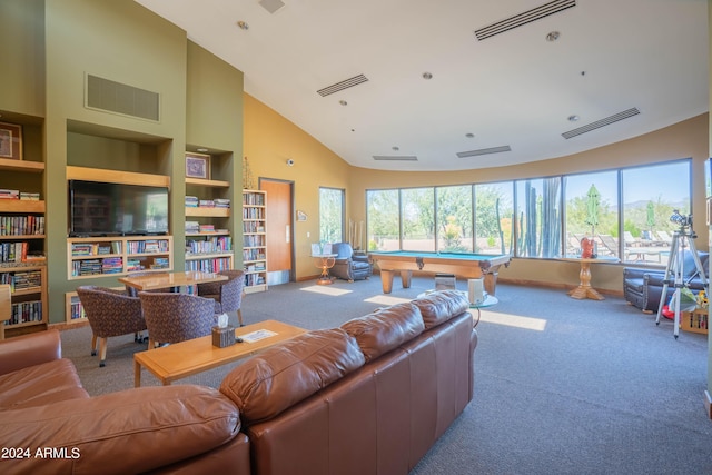 playroom featuring built in shelves, carpet flooring, high vaulted ceiling, and billiards