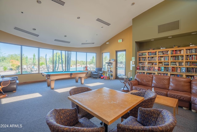 playroom featuring billiards, carpet, and high vaulted ceiling