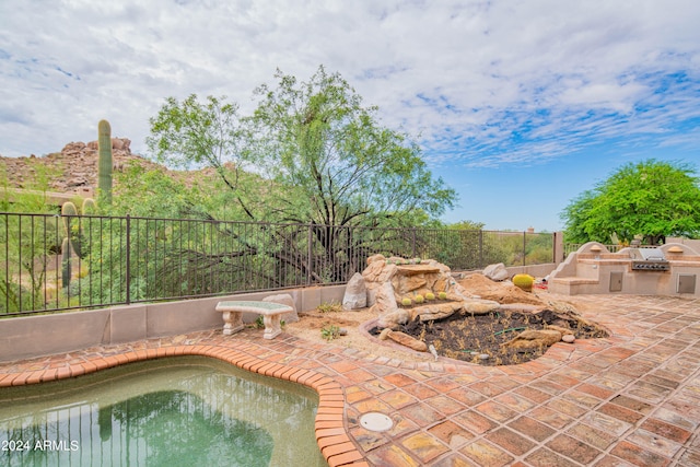 view of pool featuring a patio and exterior kitchen