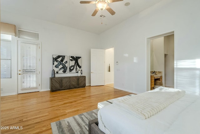 bedroom with baseboards, visible vents, ceiling fan, wood finished floors, and access to exterior