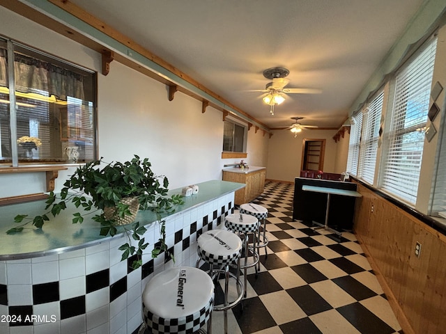 interior space featuring ceiling fan and light floors