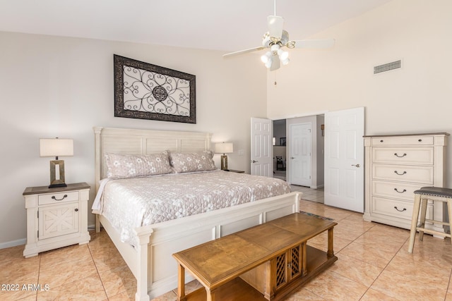 6122 E Saddleback St, Mesa, AZ 85215 - bedroom featuring light tile patterned floors, baseboards, high vaulted ceiling, and visible vents