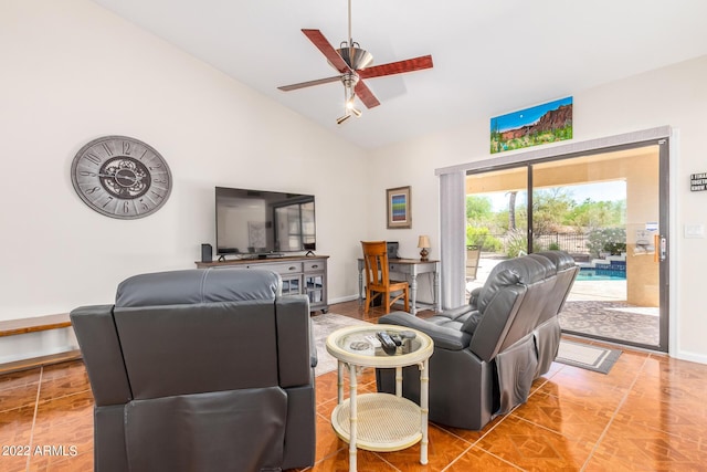6122 E Saddleback St, Mesa, AZ 85215 - living area featuring high vaulted ceiling, ceiling fan, and baseboards
