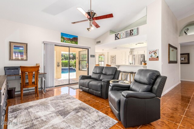 6122 E Saddleback St, Mesa, AZ 85215 - tiled living room featuring ceiling fan, visible vents, baseboards, and high vaulted ceiling