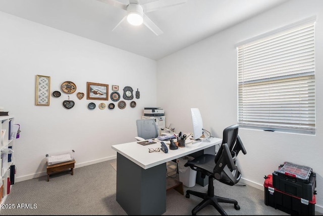 office with baseboards, carpet, and ceiling fan