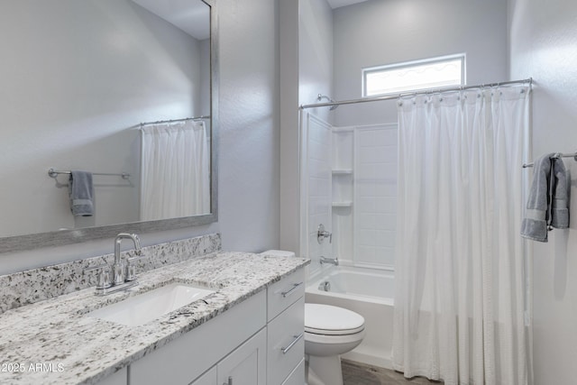 full bathroom with wood finished floors, toilet, vanity, and shower / bathtub combination with curtain
