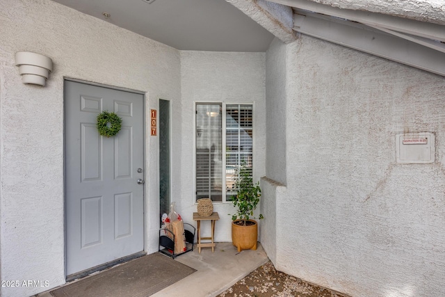 view of exterior entry with stucco siding