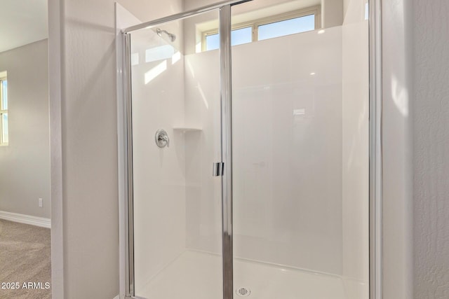 bathroom featuring a shower with shower door