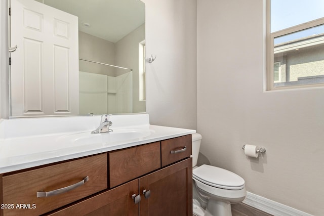 bathroom with vanity, walk in shower, and toilet