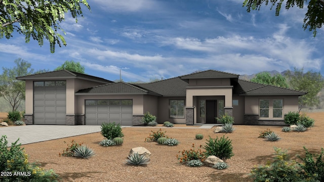 1920 E Creek Canyon Rd, Phoenix, AZ 85086 - prairie-style home with stucco siding, an attached garage, driveway, brick siding, and a mountain view