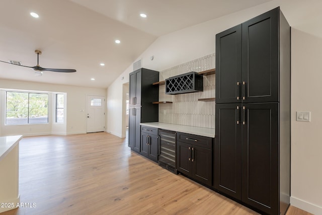 15038 E Greene Valley Dr, Fountain Hills, AZ 85268 - kitchen featuring ceiling fan, open shelves, light wood-style flooring, light countertops, and beverage cooler