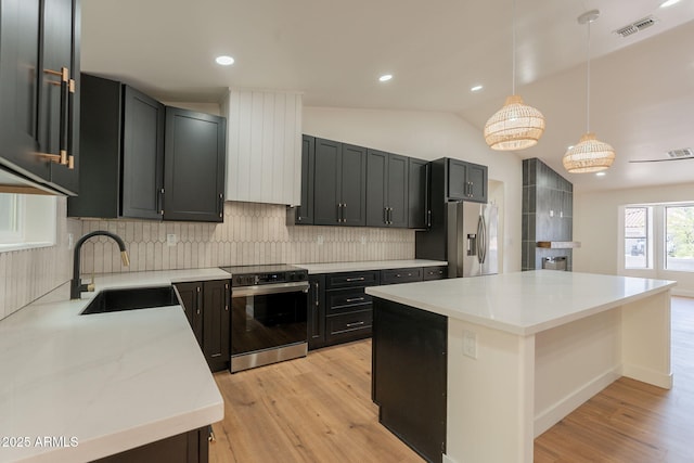 15038 E Greene Valley Dr, Fountain Hills, AZ 85268 - kitchen with decorative backsplash, a sink, visible vents, range with electric stovetop, and stainless steel refrigerator with ice dispenser