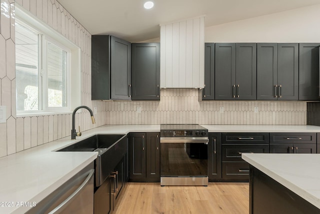 15038 E Greene Valley Dr, Fountain Hills, AZ 85268 - kitchen featuring light countertops, electric range oven, backsplash, light wood finished floors, and a sink