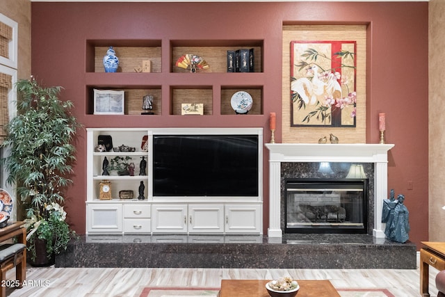 living room featuring a premium fireplace, wood finished floors, and built in features