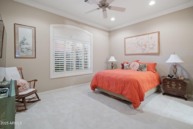 bedroom featuring carpet floors, crown molding, recessed lighting, visible vents, and baseboards