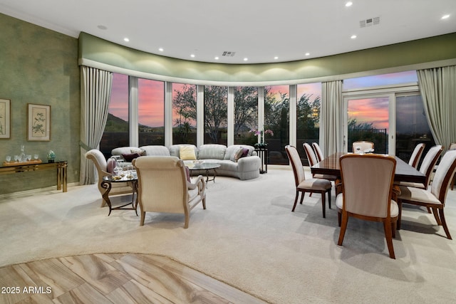 living room with carpet, visible vents, and recessed lighting