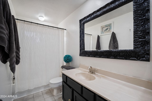 full bathroom with vanity, toilet, tile patterned floors, and shower / bathtub combination with curtain