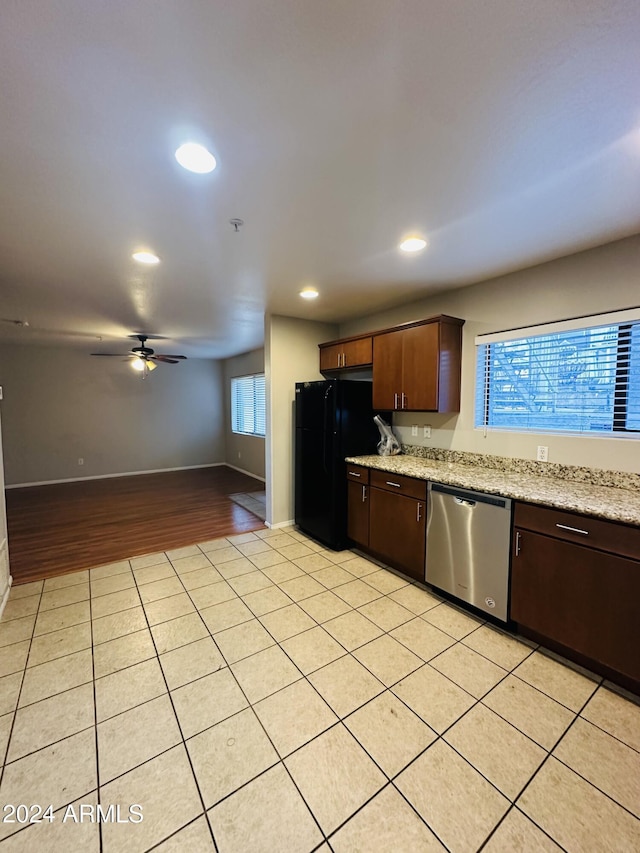 724 E Devonshire Ave Unit 108, Phoenix, AZ 85014 - kitchen with stainless steel dishwasher, freestanding refrigerator, a ceiling fan, recessed lighting, and dark brown cabinets