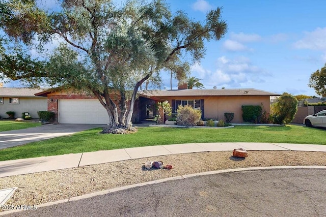 ranch-style house with a garage and a front yard