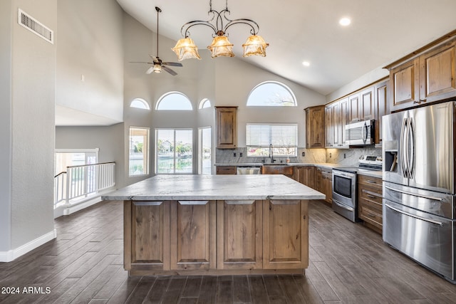 kitchen with stainless steel appliances, dark wood-type flooring, and a kitchen island