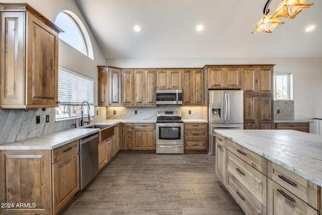 kitchen with tasteful backsplash, sink, dark hardwood / wood-style flooring, stainless steel appliances, and pendant lighting