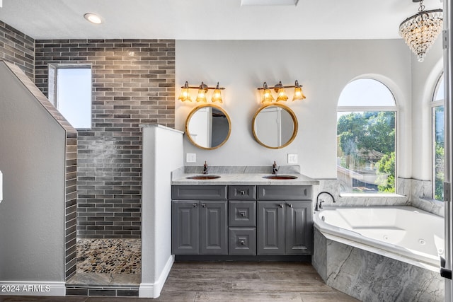 bathroom with vanity, plus walk in shower, and wood-type flooring