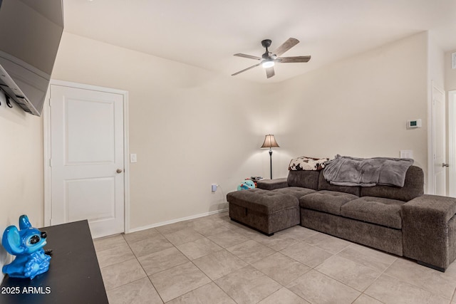 living room with light tile patterned flooring and ceiling fan